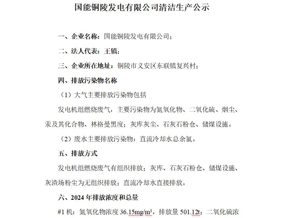 清洁生产公示材料-国能铜陵发电有限公司